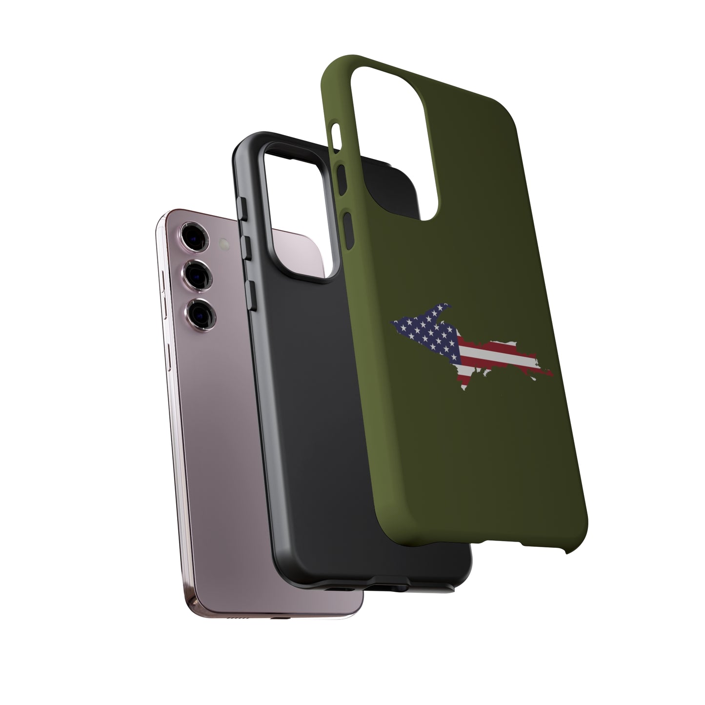 Michigan Upper Peninsula Tough Phone Case (Army Green w/ UP USA Flag Outline) | Samsung & Pixel Android