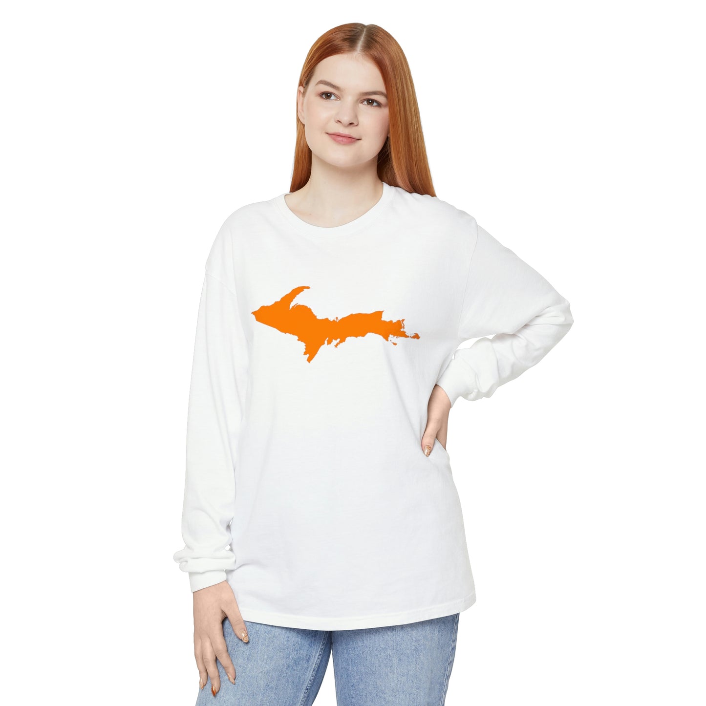 Michigan Upper Peninsula Garment-Dyed T-Shirt (w/ Orange UP Outline) | Unisex Long Sleeve