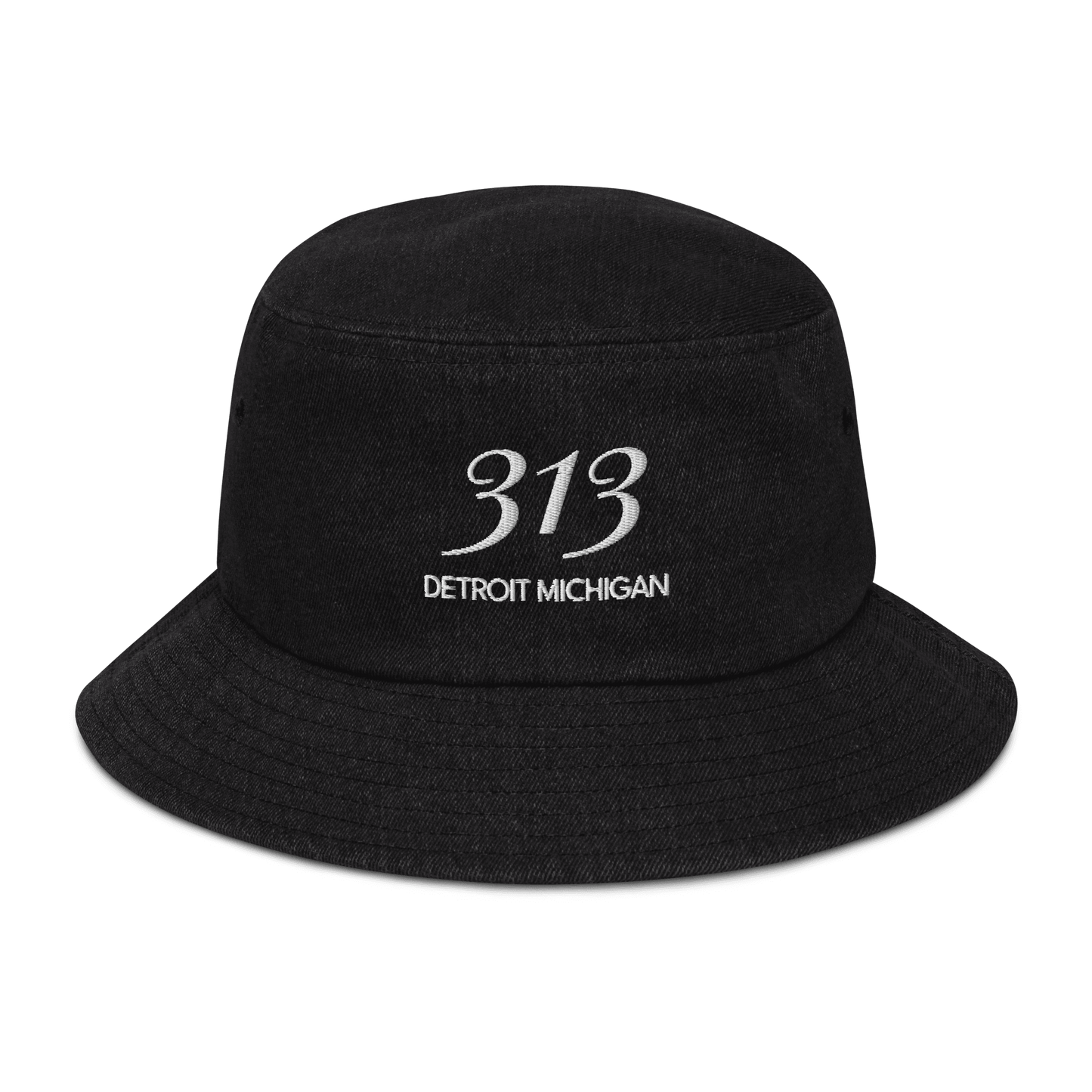 '313 Detroit Michigan' Denim Bucket Hat (Luxury Goods Parody) | White Embroidery - Circumspice Michigan