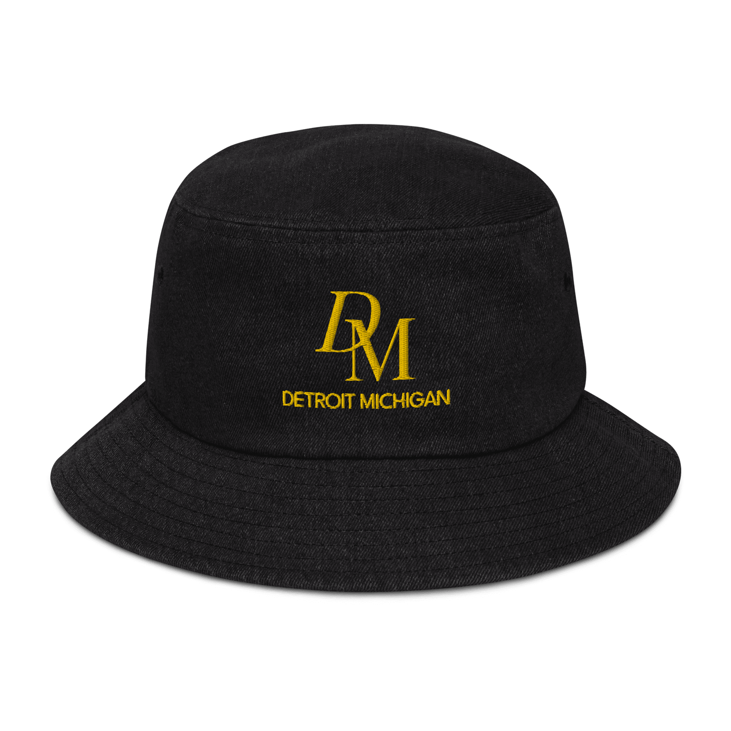 'DM Detroit Michigan' Denim Bucket Hat (Luxury Goods Parody) | Gold Embroidery - Circumspice Michigan