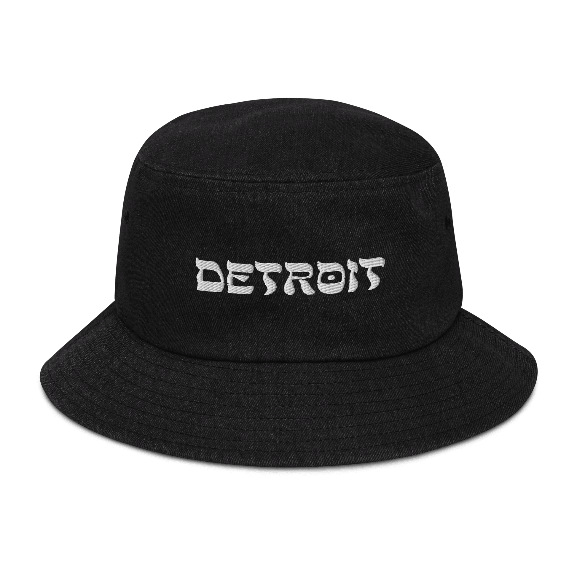 'Detroit' Denim Bucket Hat (Hebrew-Styled Font) | White Embroidery - Circumspice Michigan