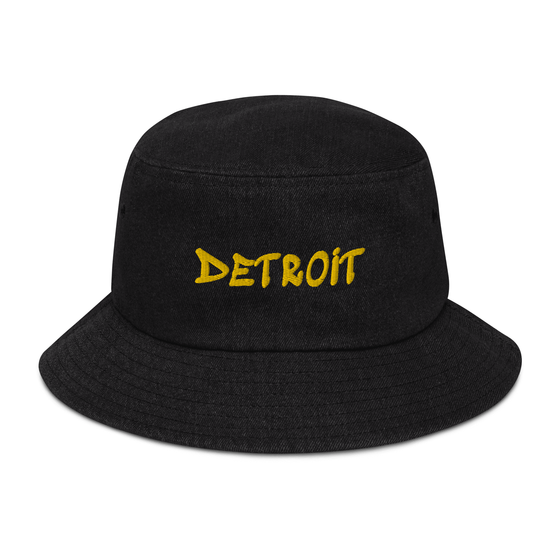 'Detroit' Denim Bucket Hat (1980s Hip Hop Font) | Yellow Embroidery - Circumspice Michigan