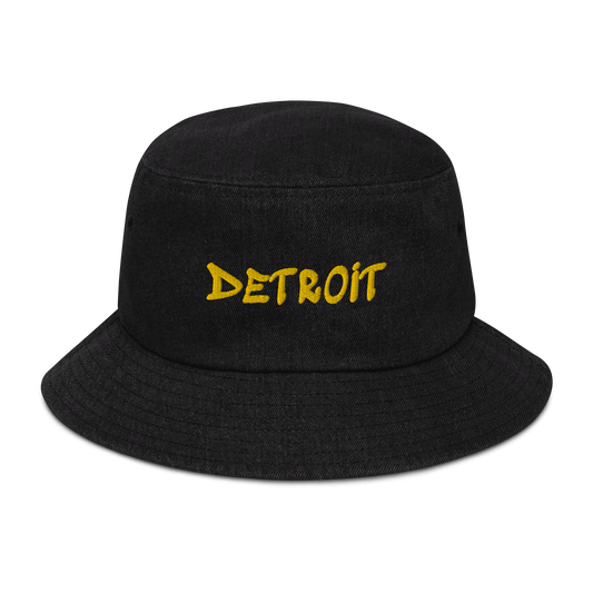 'Detroit' Denim Bucket Hat (1980s Hip Hop Font) | Yellow Embroidery - Circumspice Michigan