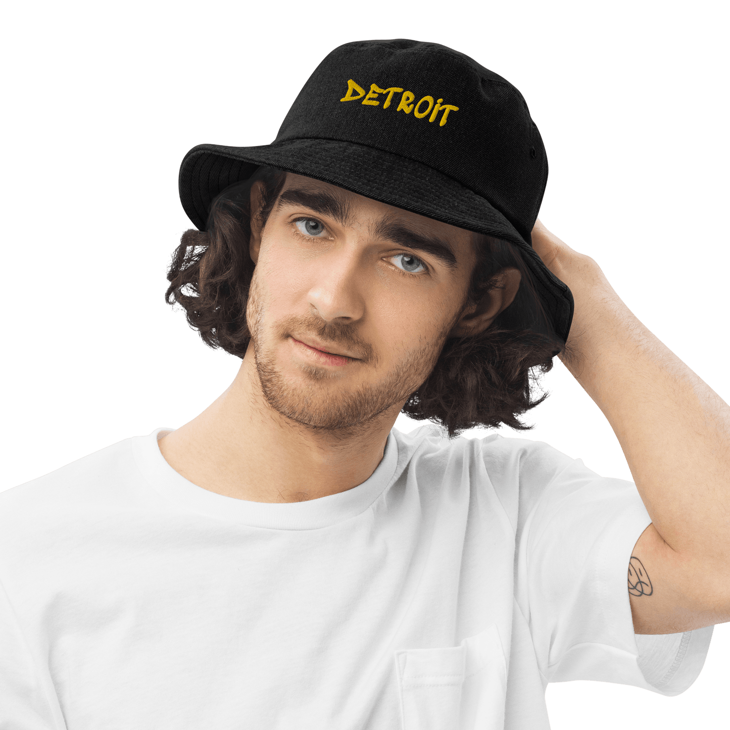 'Detroit' Denim Bucket Hat (1980s Hip Hop Font) | Yellow Embroidery - Circumspice Michigan