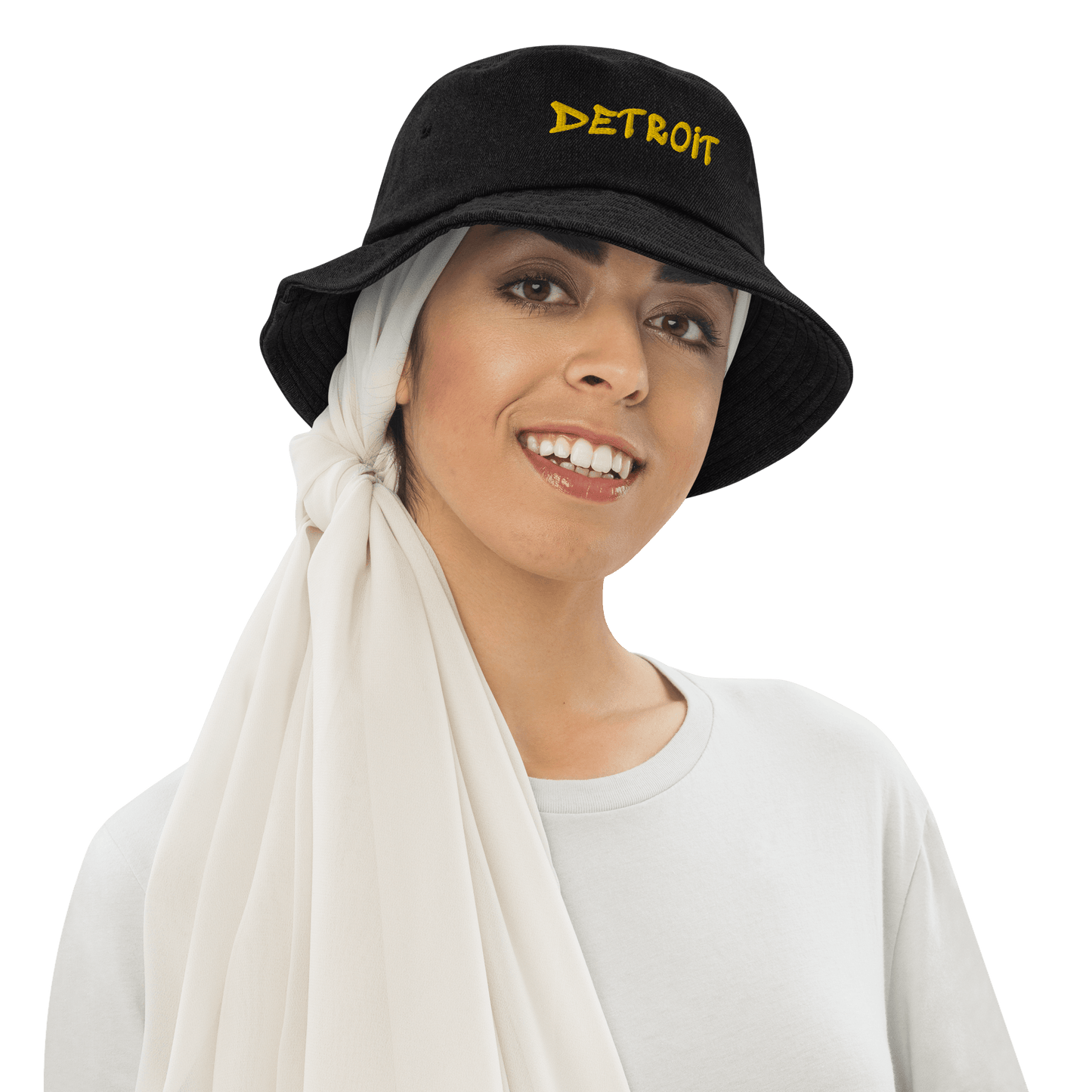 'Detroit' Denim Bucket Hat (1980s Hip Hop Font) | Yellow Embroidery - Circumspice Michigan