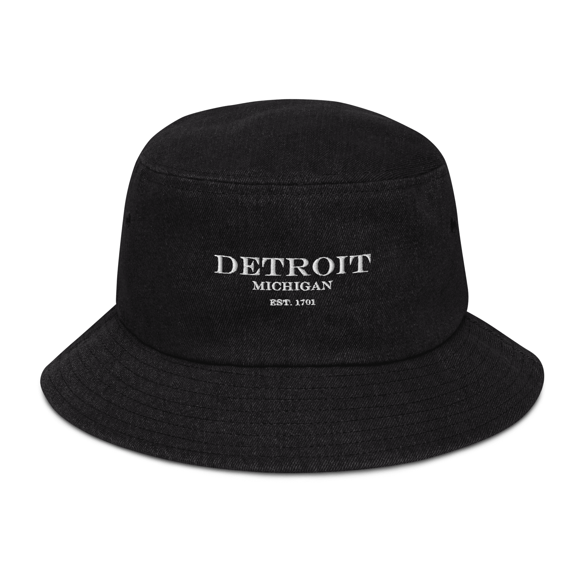 'Detroit Michigan Est. 1701' Denim Bucket Hat | White Embroidery - Circumspice Michigan