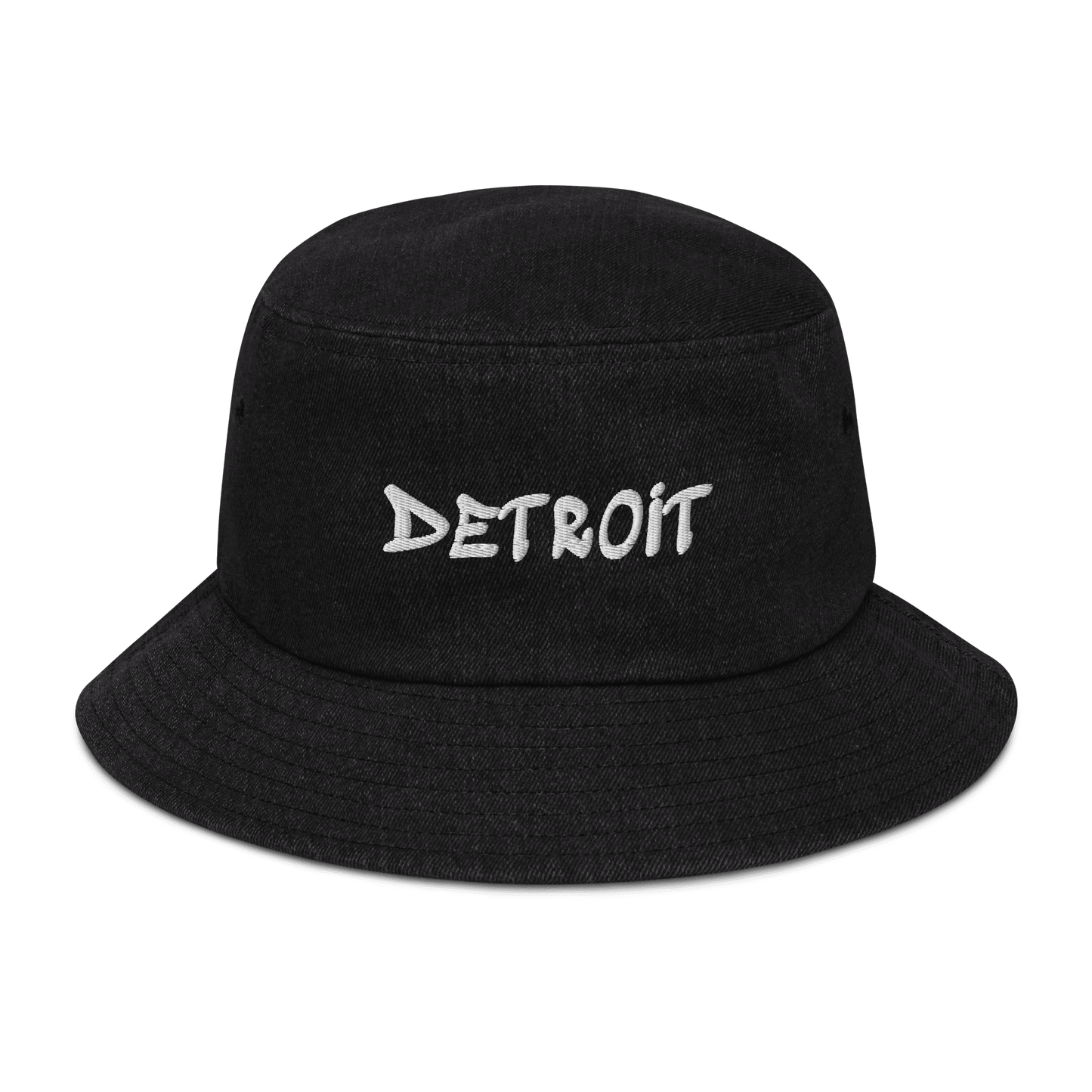 'Detroit' Denim Bucket Hat (1980's Hip Hop Font) | White Embroidery - Circumspice Michigan