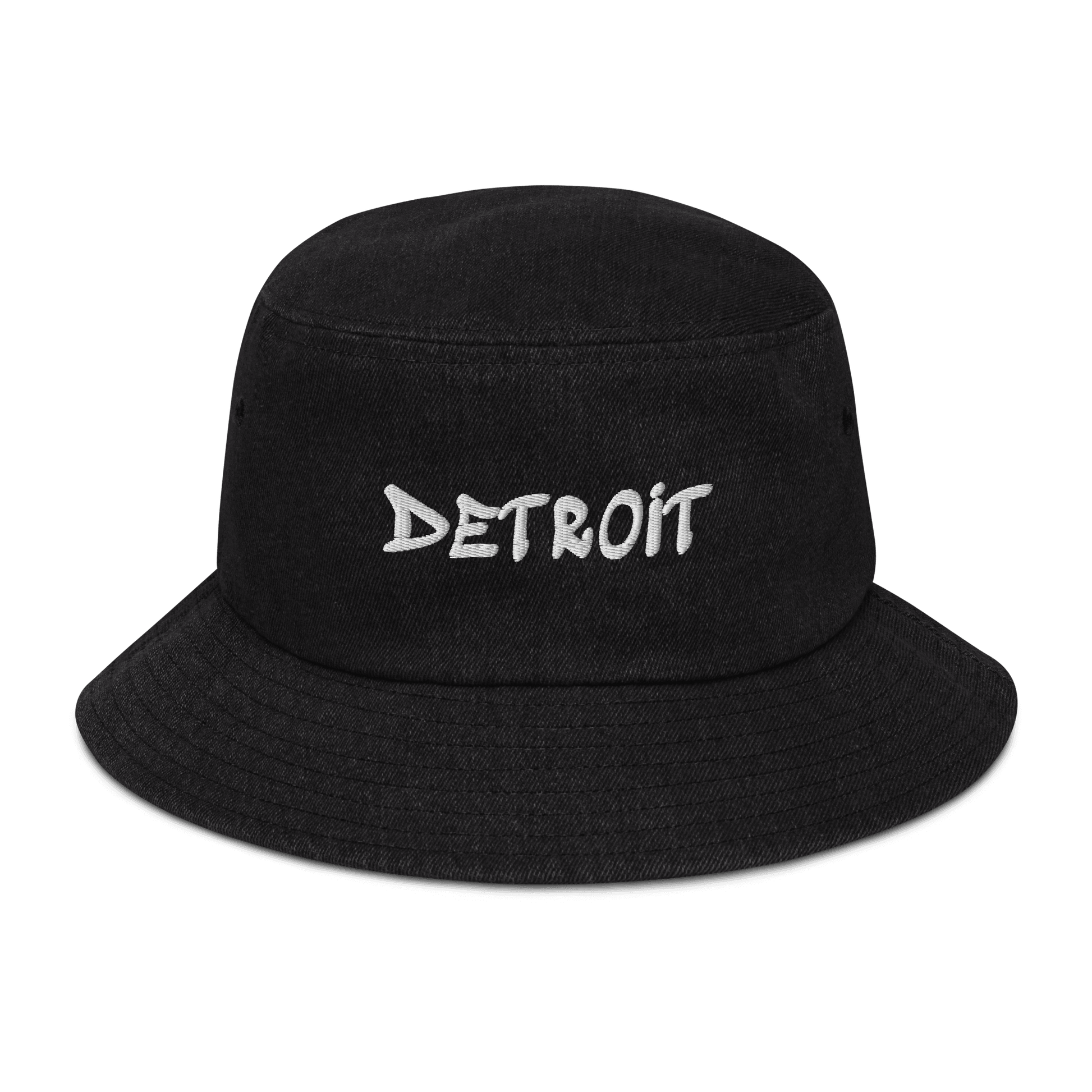 'Detroit' Denim Bucket Hat (1980's Hip Hop Font) | White Embroidery - Circumspice Michigan