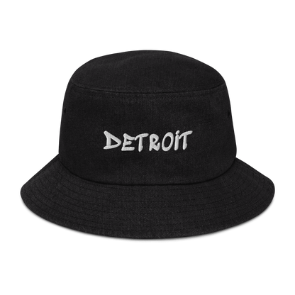 'Detroit' Denim Bucket Hat (1980's Hip Hop Font) | White Embroidery - Circumspice Michigan