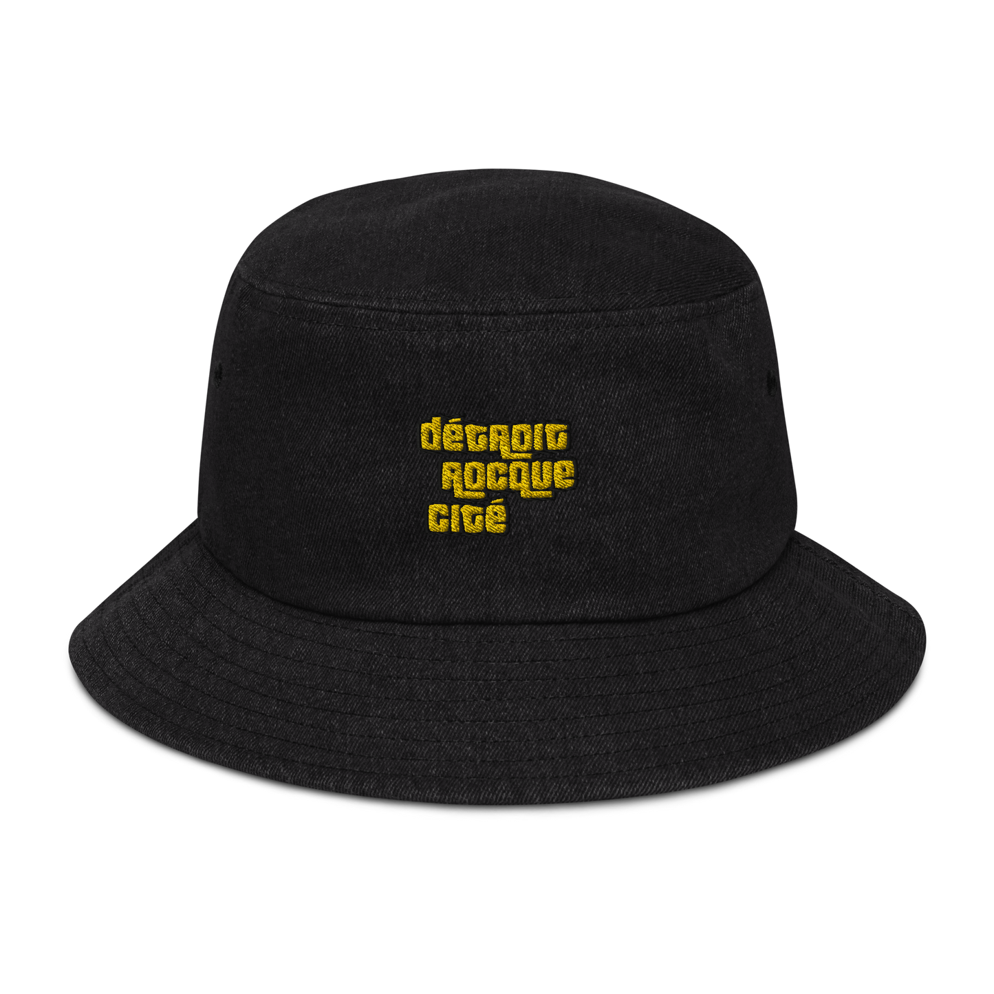 'Détroit Rocque Cité' Denim Bucket Hat (1970s Font) | Gold Embroidery