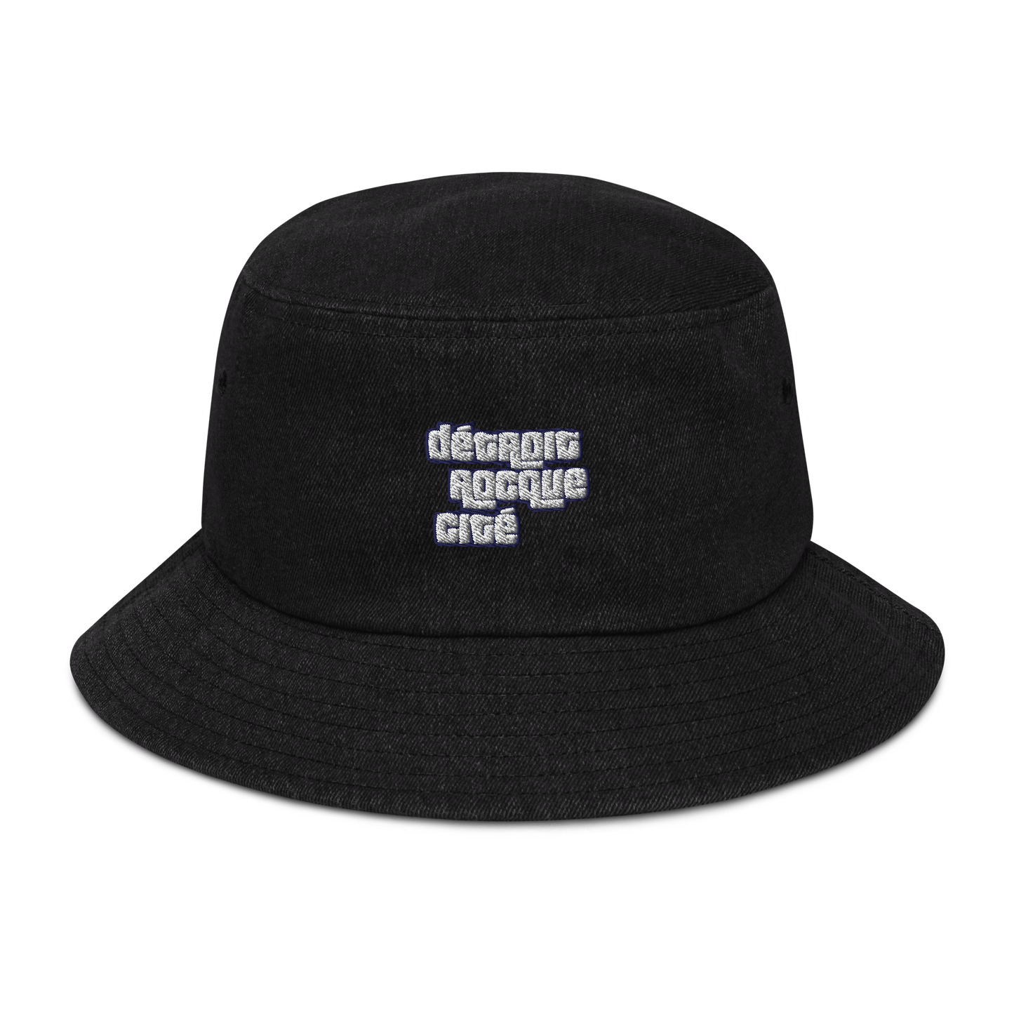 'Détroit Rocque Cité' Denim Bucket Hat (1970s Font) | White Embroidery