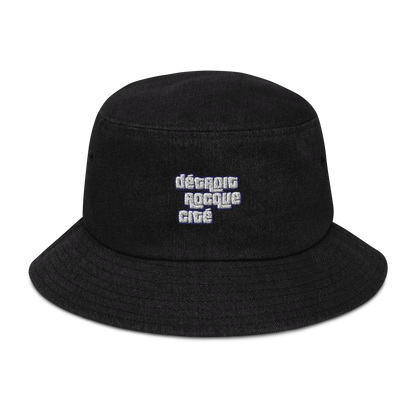 'Détroit Rocque Cité' Denim Bucket Hat (1970s Font) | White Embroidery