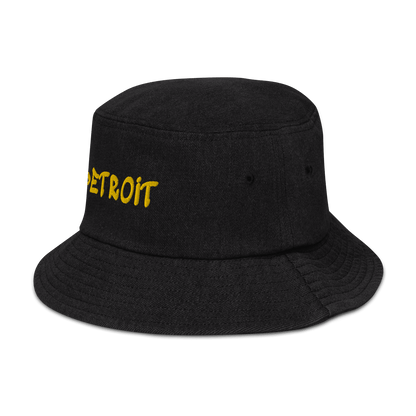 'Detroit' Denim Bucket Hat (1980s Hip Hop Font) | Yellow Embroidery - Circumspice Michigan