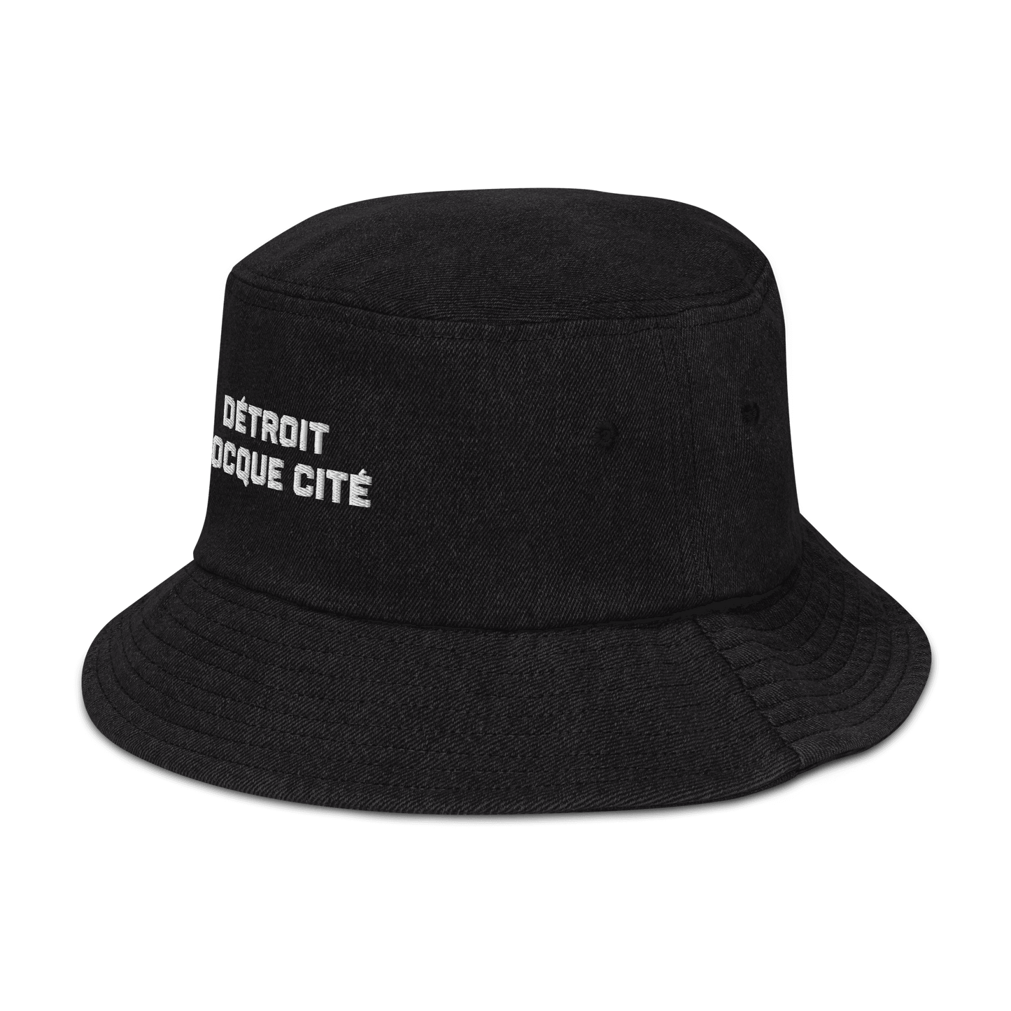 'Détroit Rocque Cité' Denim Bucket Hat | White Embroidery - Circumspice Michigan