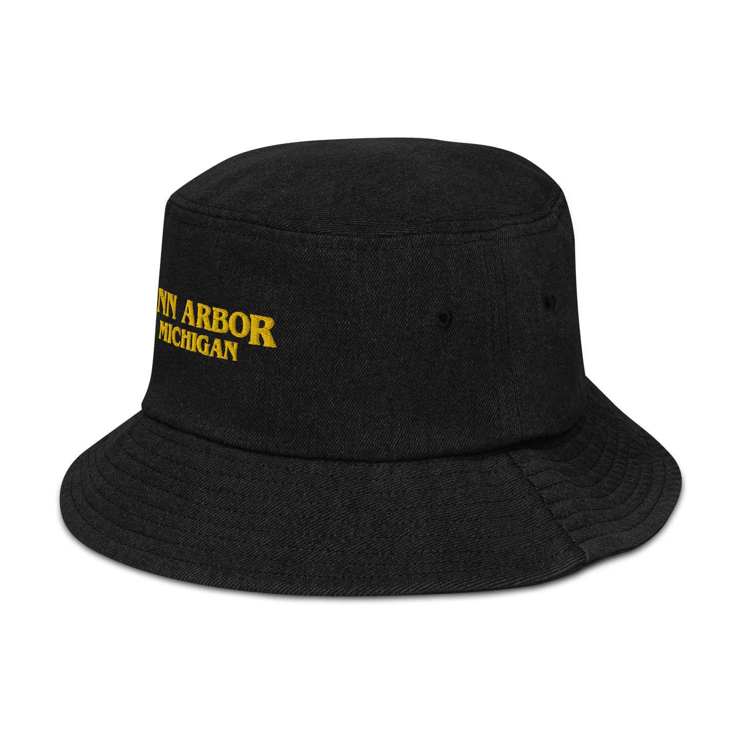 'Ann Arbor Michigan' Denim Bucket Hat (1980s Drama Parody) | Gold Embroidery - Circumspice Michigan