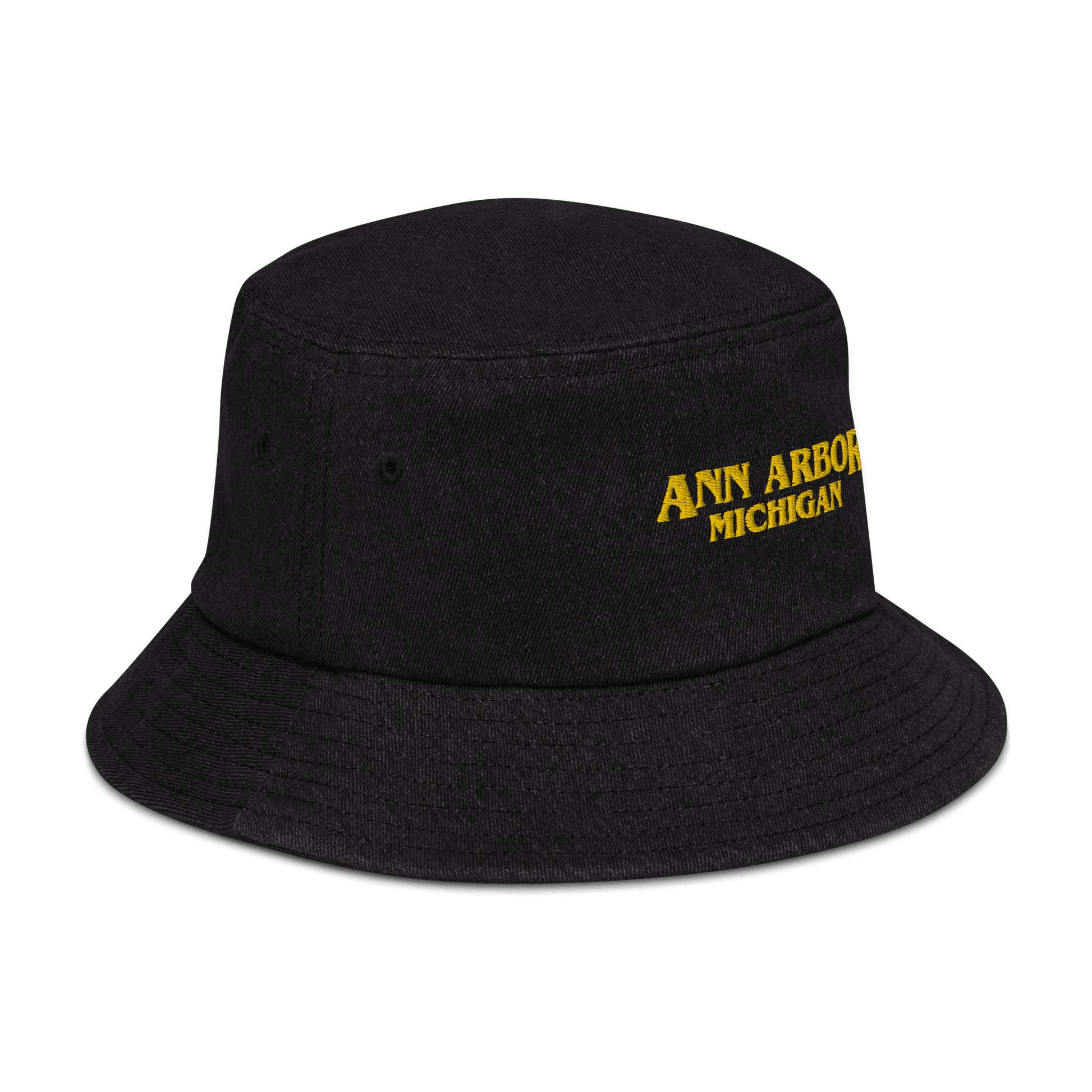 'Ann Arbor Michigan' Denim Bucket Hat (1980s Drama Parody) | Gold Embroidery - Circumspice Michigan