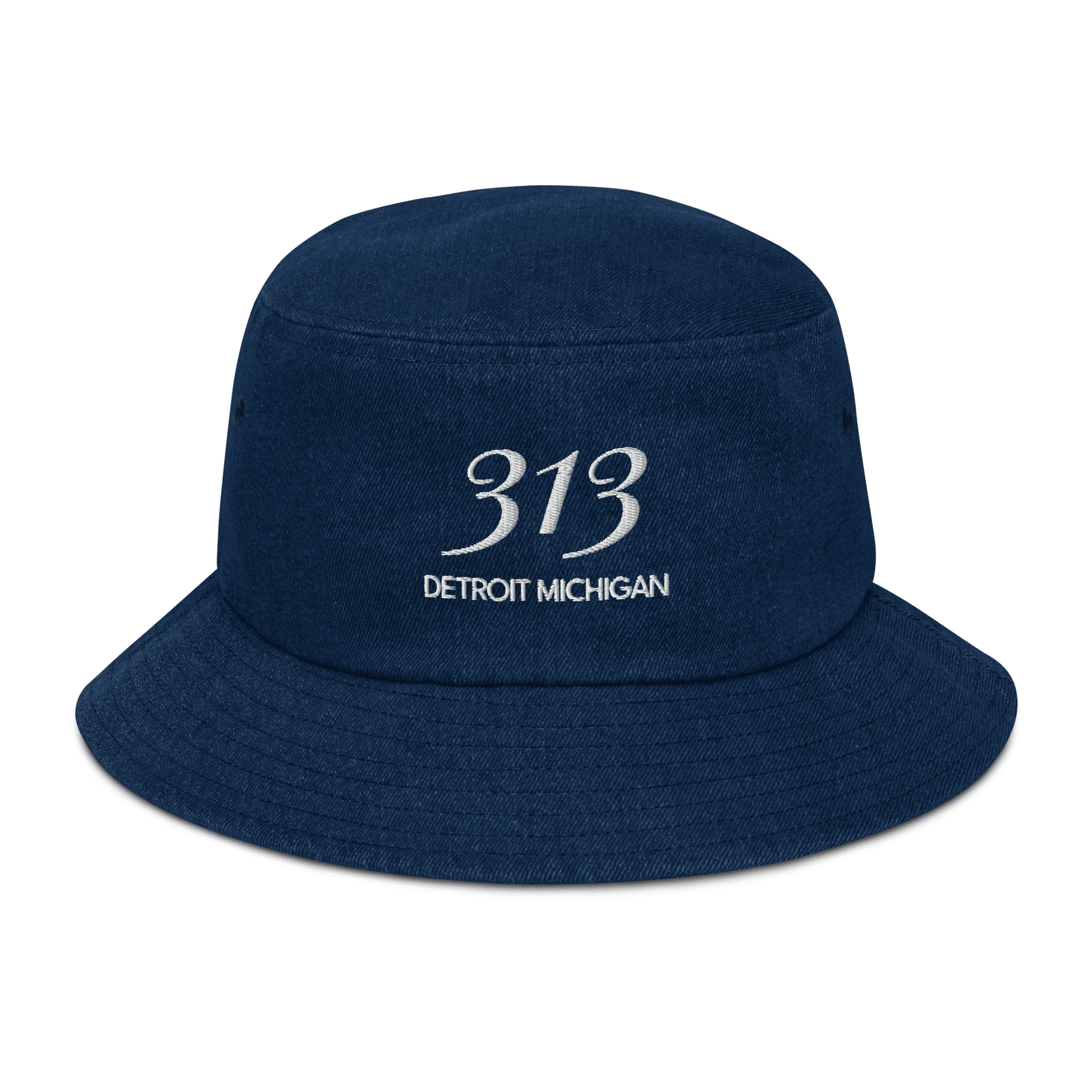 '313 Detroit Michigan' Denim Bucket Hat (Luxury Goods Parody) | White Embroidery - Circumspice Michigan