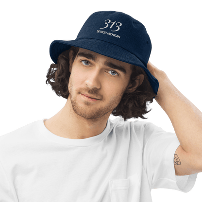 '313 Detroit Michigan' Denim Bucket Hat (Luxury Goods Parody) | White Embroidery - Circumspice Michigan