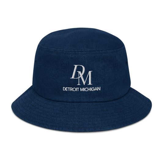 'DM Detroit Michigan' Denim Bucket Hat (Luxury Goods Parody) | White Embroidery - Circumspice Michigan
