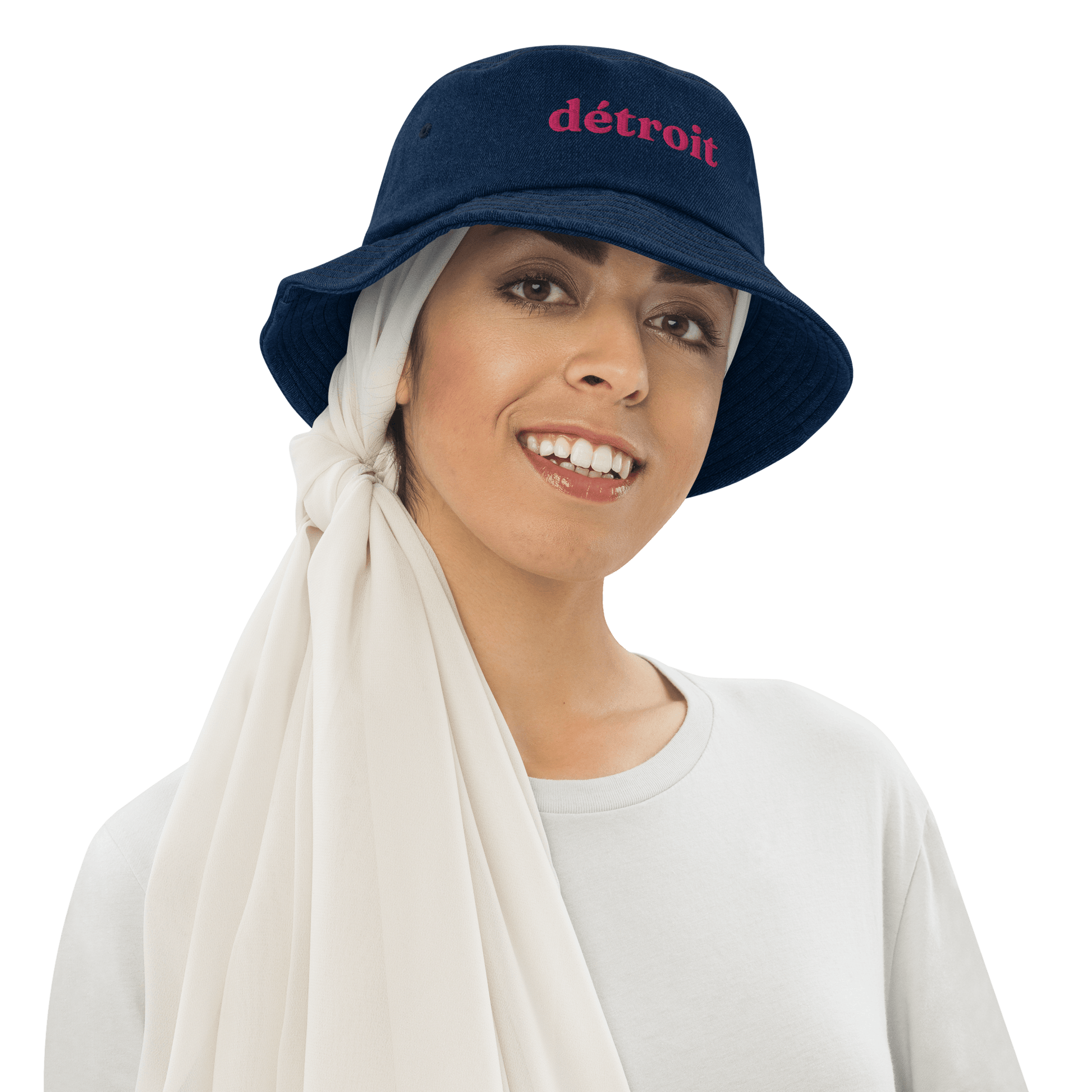 'Détroit' Denim Bucket Hat | Pink Embroidery - Circumspice Michigan