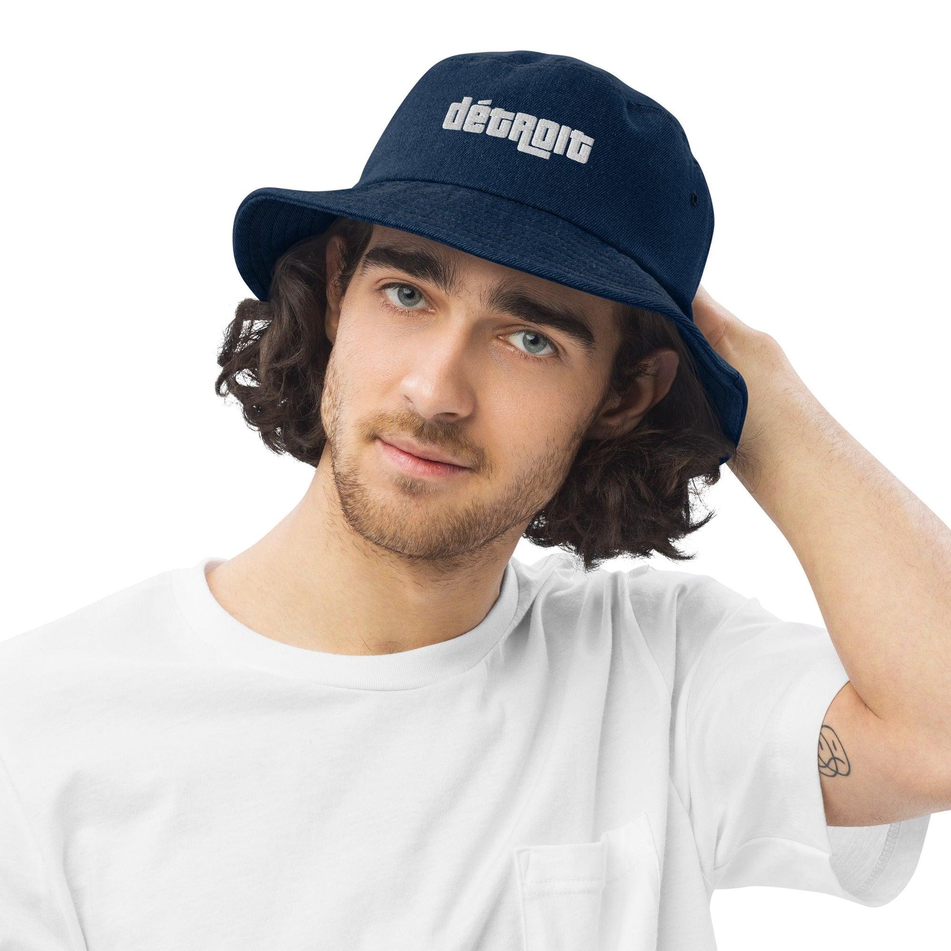 'Détroit' Denim Bucket Hat (1970s Font) | White Embroidery - Circumspice Michigan