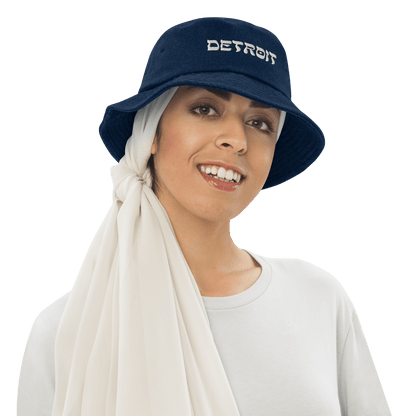 'Detroit' Denim Bucket Hat (Hebrew-Styled Font) | White Embroidery - Circumspice Michigan