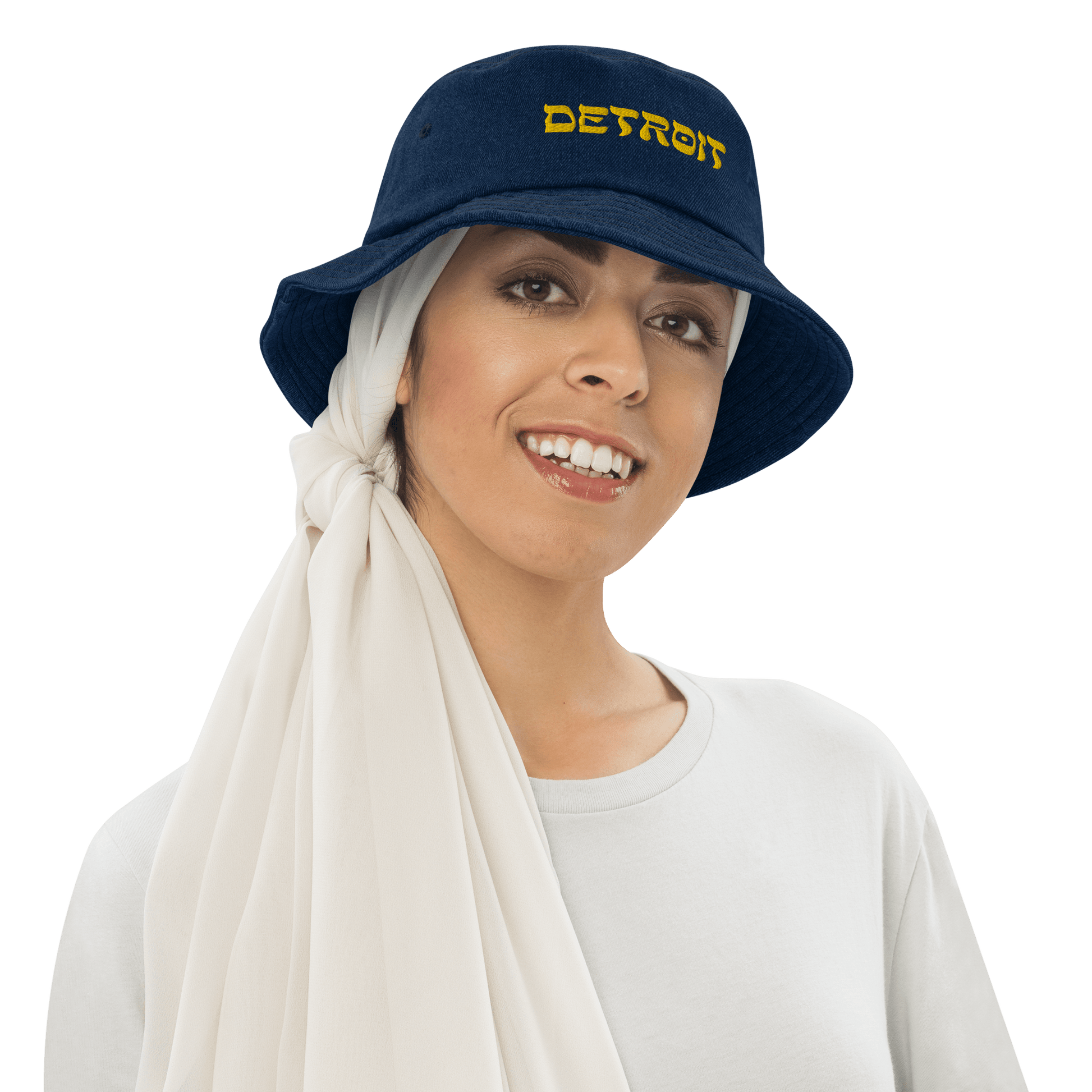 'Detroit' Denim Bucket Hat (Hebrew-Styled Font) | Gold Embroidery - Circumspice Michigan