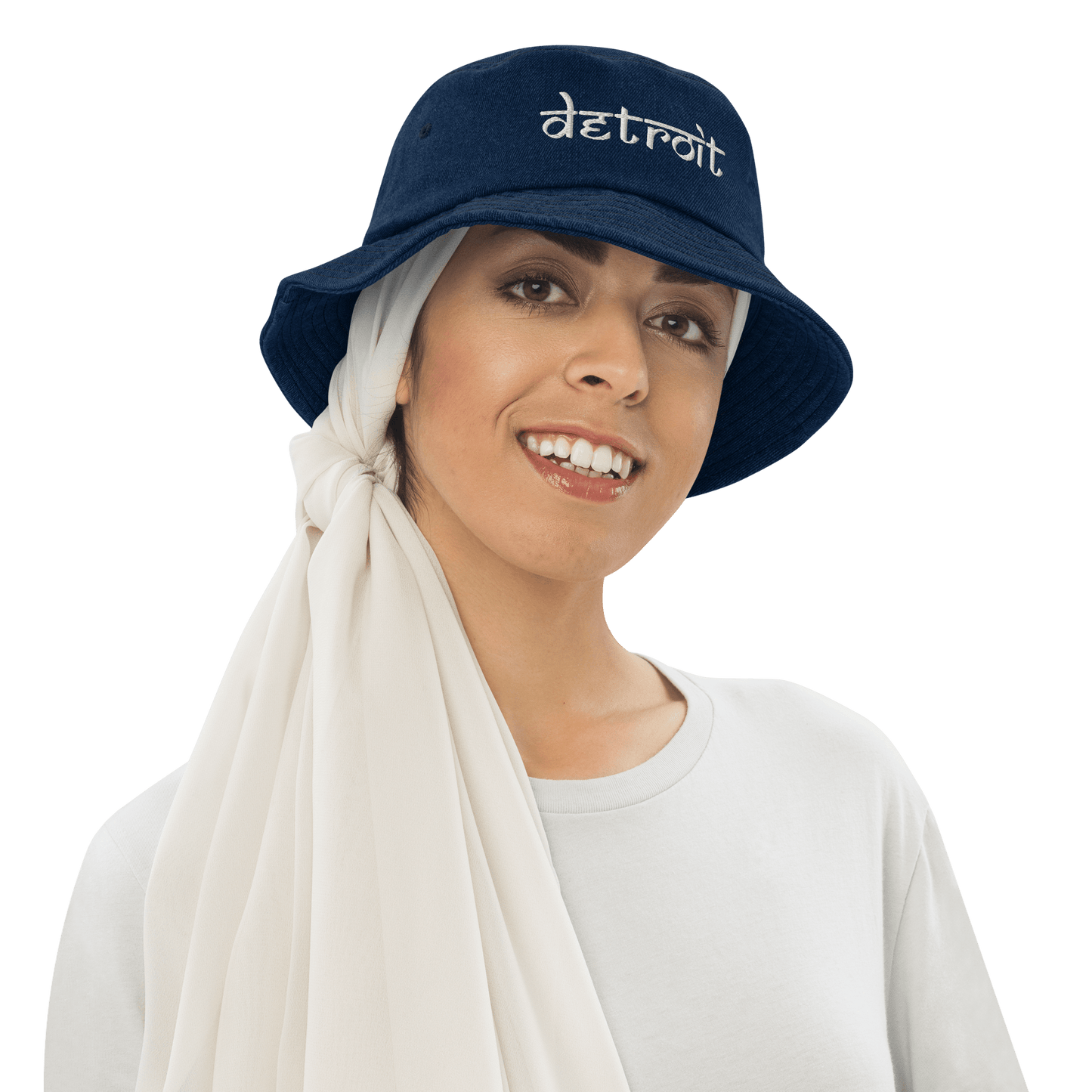 'Detroit' Denim Bucket Hat (South Asian-Style Font) | White Embroidery - Circumspice Michigan