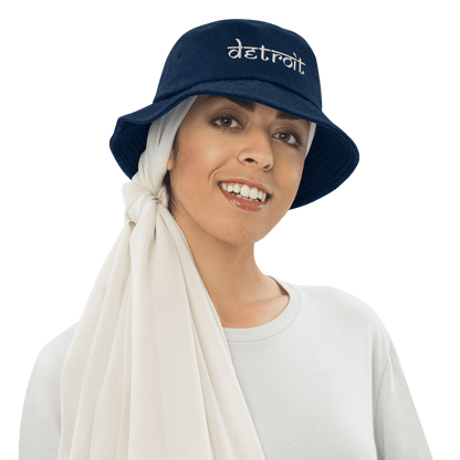 'Detroit' Denim Bucket Hat (South Asian-Style Font) | White Embroidery - Circumspice Michigan