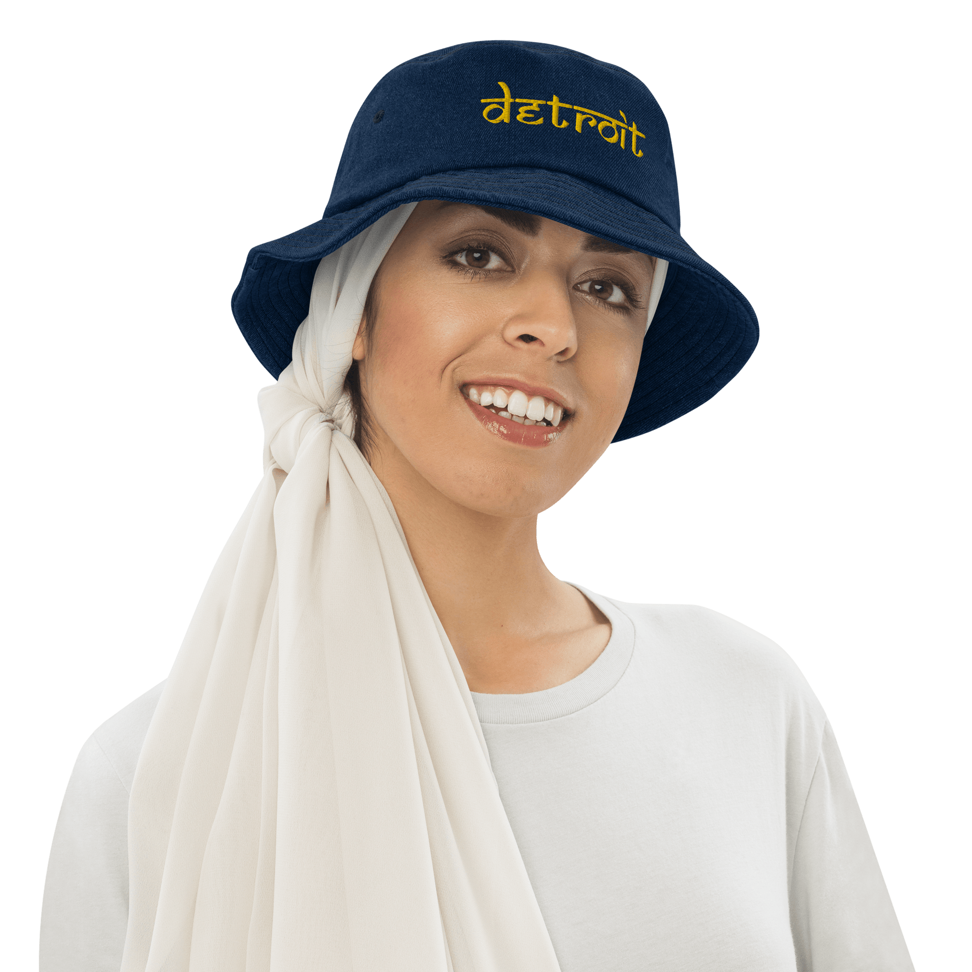 'Detroit' Denim Bucket Hat (South Asian-Style Font) | Gold Embroidery - Circumspice Michigan