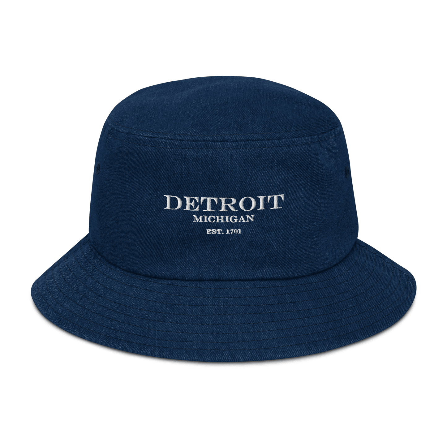 'Detroit Michigan Est. 1701' Denim Bucket Hat | White Embroidery - Circumspice Michigan