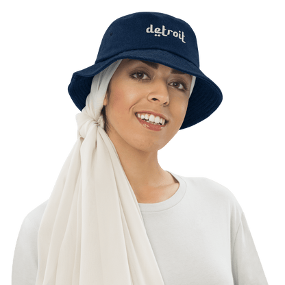 'Detroit' Denim Bucket Hat (Arabic-Style Font) | White Embroidery - Circumspice Michigan