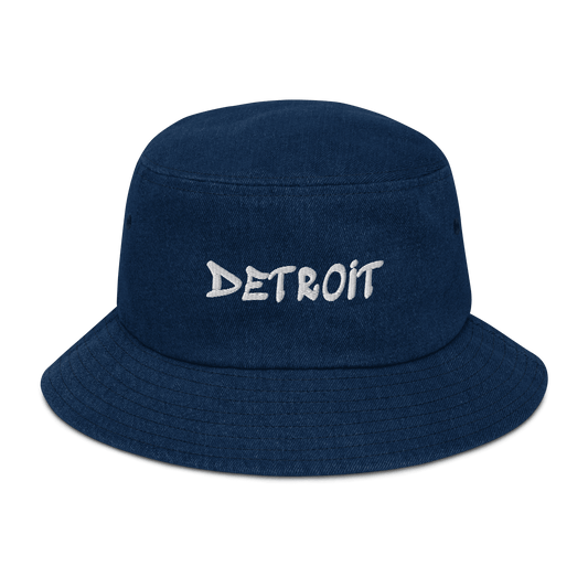 'Detroit' Denim Bucket Hat (1980's Hip Hop Font) | White Embroidery - Circumspice Michigan