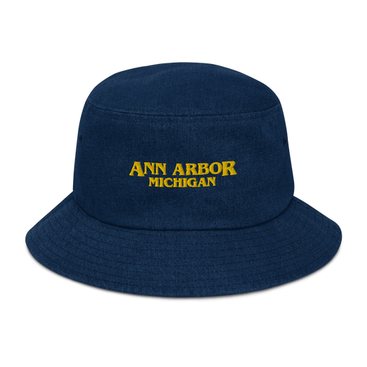 'Ann Arbor Michigan' Denim Bucket Hat (1980s Drama Parody) | Gold Embroidery - Circumspice Michigan