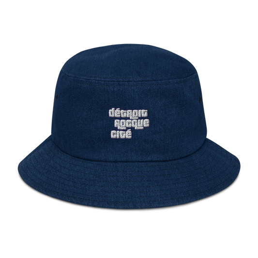 'Détroit Rocque Cité' Denim Bucket Hat (1970s Font) | White Embroidery