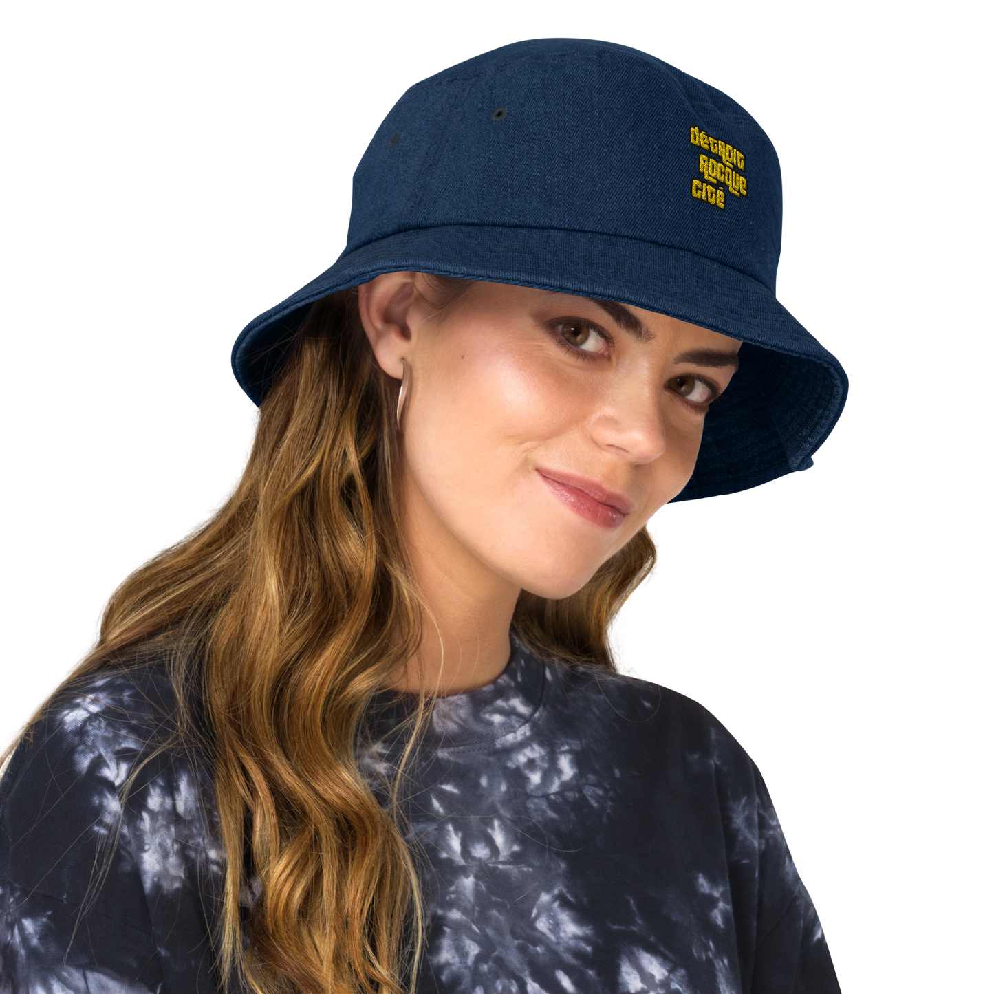 'Détroit Rocque Cité' Denim Bucket Hat (1970s Font) | Gold Embroidery