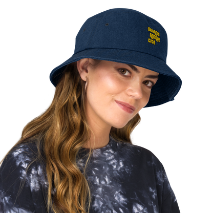 'Détroit Rocque Cité' Denim Bucket Hat (1970s Font) | Gold Embroidery