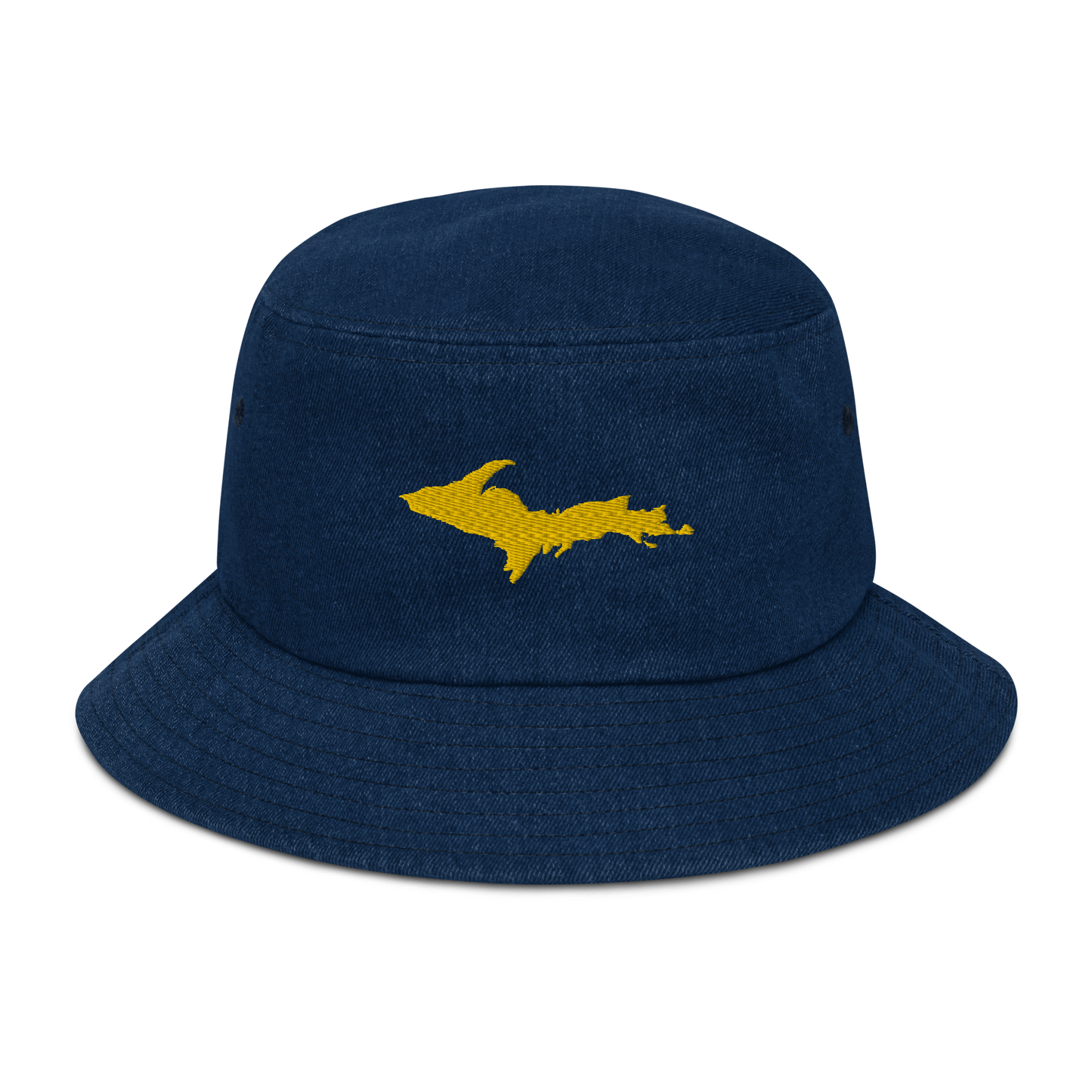 Michigan Upper Peninsula Denim Bucket Hat (w/ Gold UP Outline)