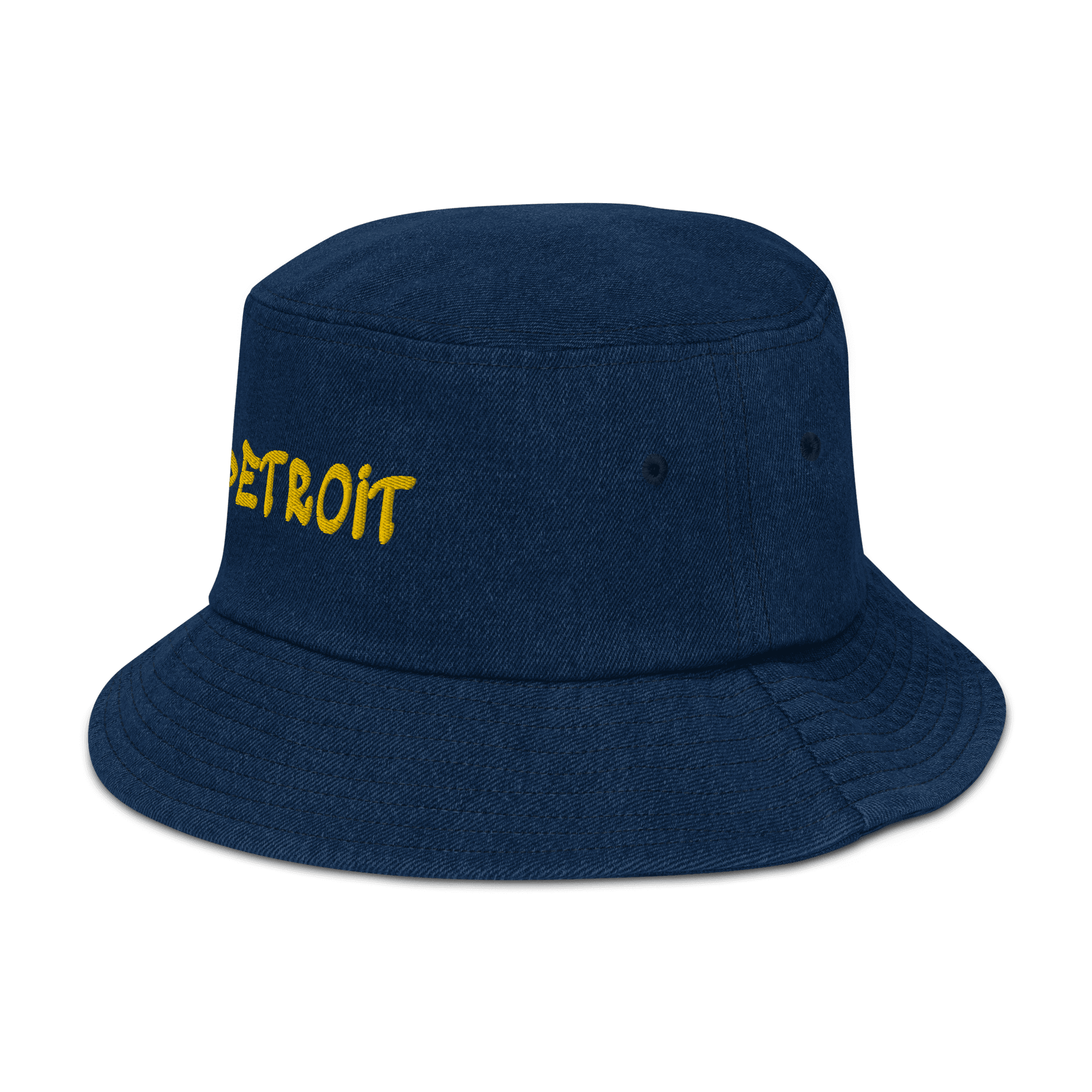 'Detroit' Denim Bucket Hat (1980s Hip Hop Font) | Yellow Embroidery - Circumspice Michigan