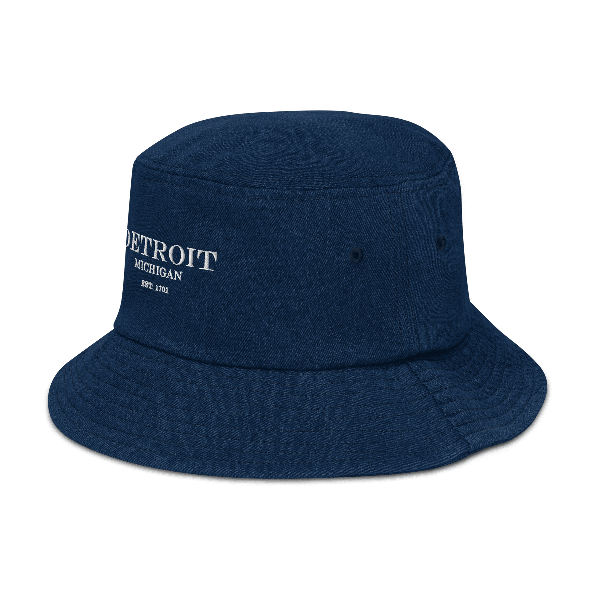 'Detroit Michigan Est. 1701' Denim Bucket Hat | White Embroidery - Circumspice Michigan