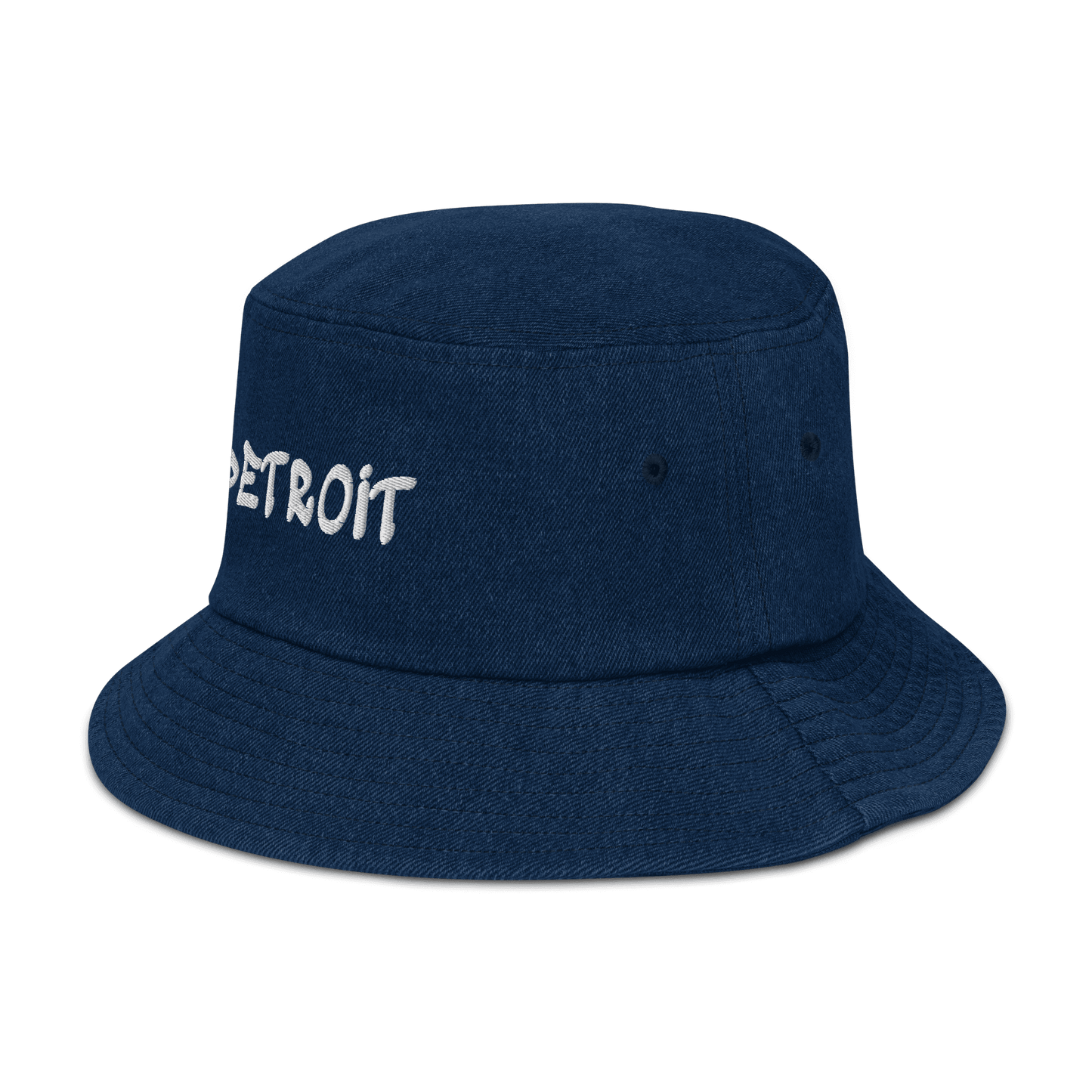 'Detroit' Denim Bucket Hat (1980's Hip Hop Font) | White Embroidery - Circumspice Michigan