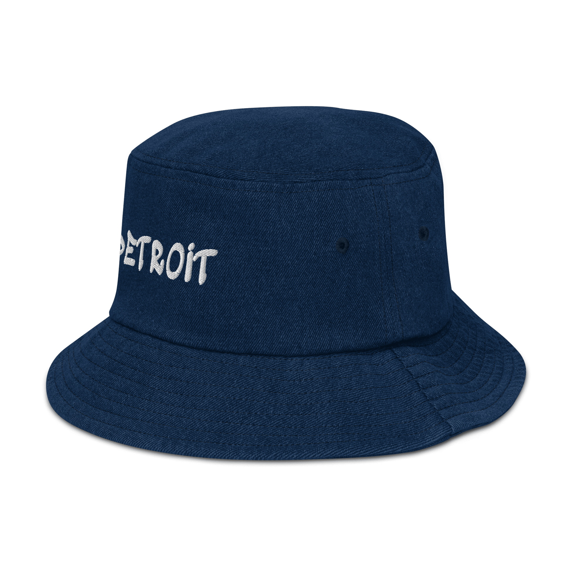 'Detroit' Denim Bucket Hat (1980's Hip Hop Font) | White Embroidery - Circumspice Michigan