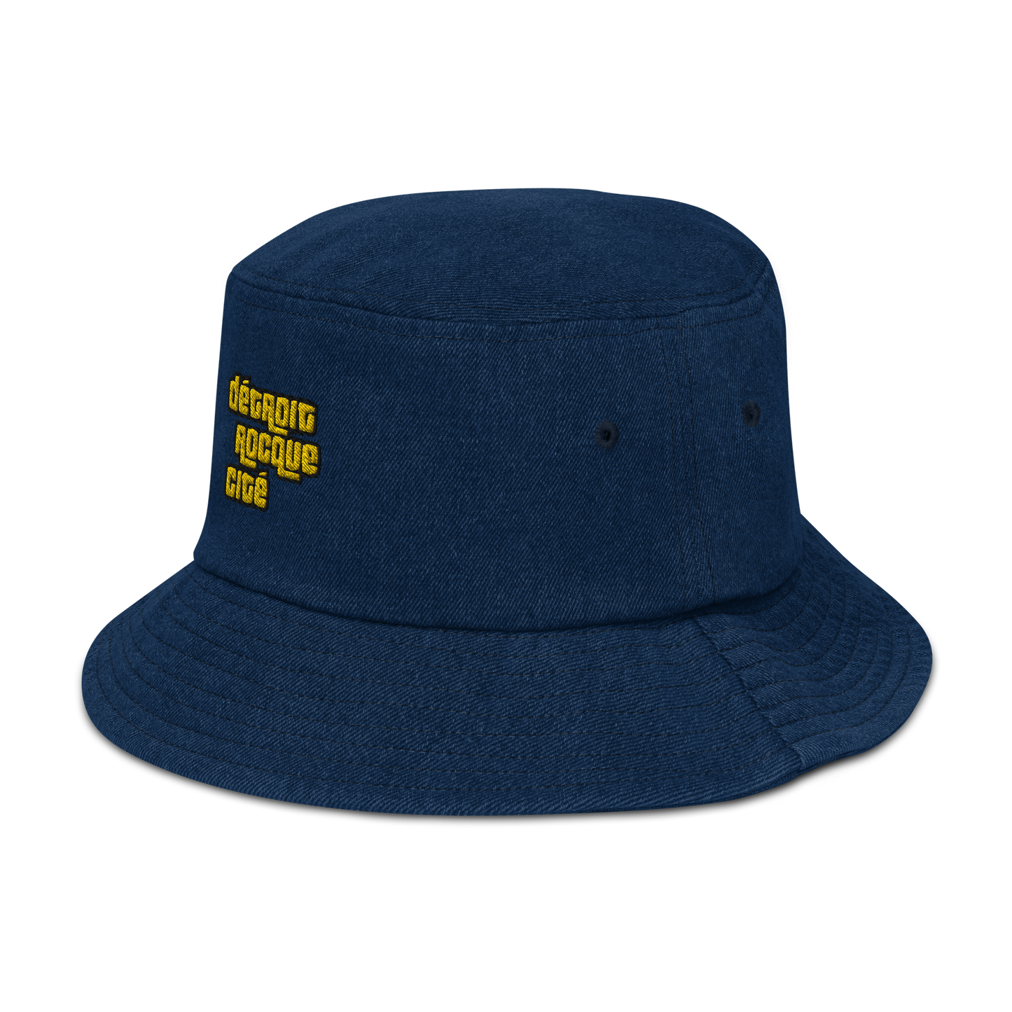 'Détroit Rocque Cité' Denim Bucket Hat (1970s Font) | Gold Embroidery