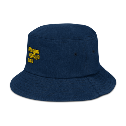 'Détroit Rocque Cité' Denim Bucket Hat (1970s Font) | Gold Embroidery