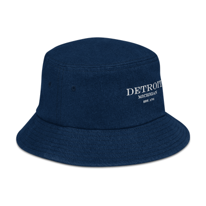 'Detroit Michigan Est. 1701' Denim Bucket Hat | White Embroidery - Circumspice Michigan