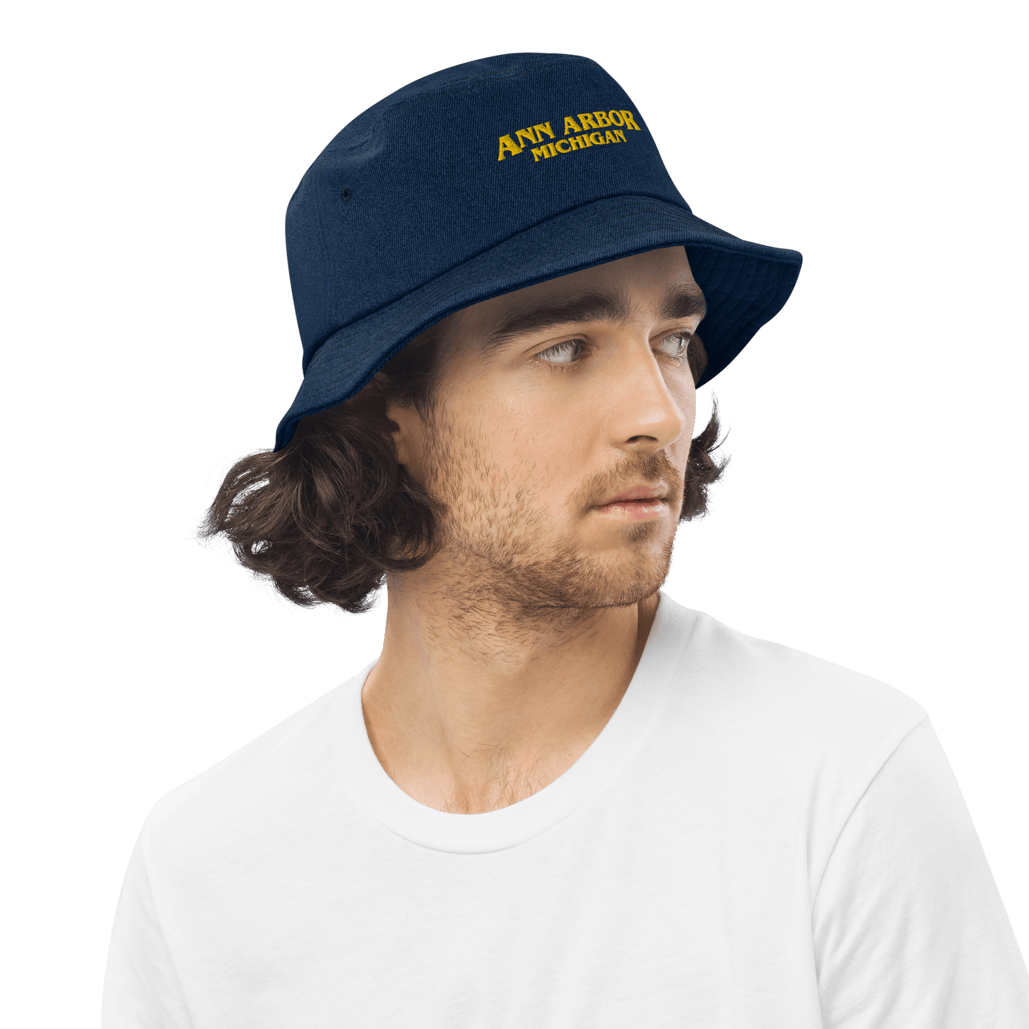 'Ann Arbor Michigan' Denim Bucket Hat (1980s Drama Parody) | Gold Embroidery - Circumspice Michigan