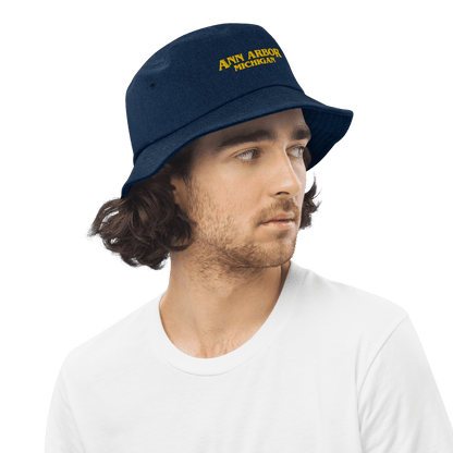 'Ann Arbor Michigan' Denim Bucket Hat (1980s Drama Parody) | Gold Embroidery - Circumspice Michigan