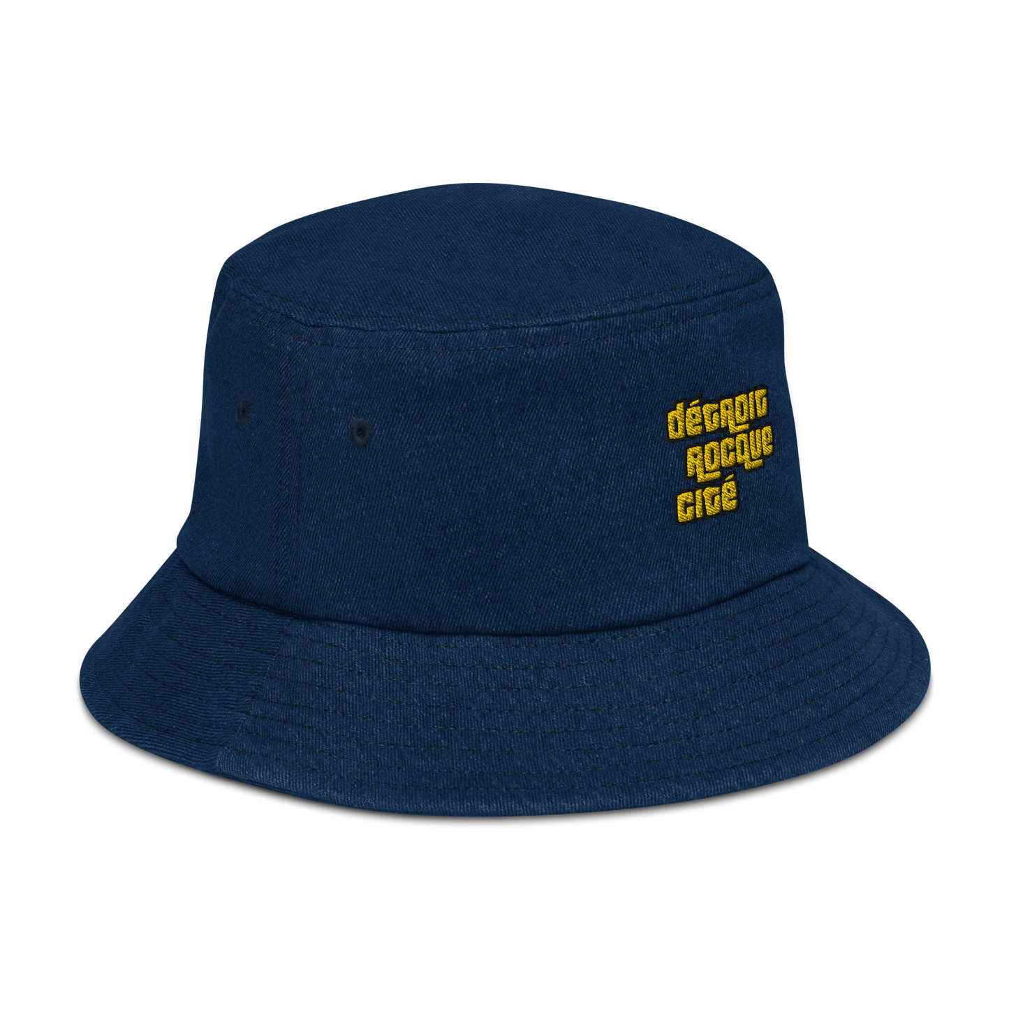 'Détroit Rocque Cité' Denim Bucket Hat (1970s Font) | Gold Embroidery