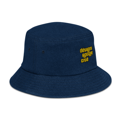 'Détroit Rocque Cité' Denim Bucket Hat (1970s Font) | Gold Embroidery