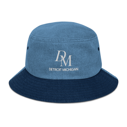 'DM Detroit Michigan' Denim Bucket Hat (Luxury Goods Parody) | White Embroidery - Circumspice Michigan